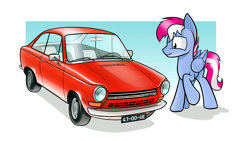 Size: 1920x1080 | Tagged: safe, artist:dori-to, oc, oc only, oc:steam loco, species:pegasus, species:pony, g4, car, classic car, commission, daf, digital art, male, pegasus oc, simple background, smiling, solo, wings