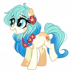 Size: 2008x2048 | Tagged: safe, artist:emberslament, oc, oc only, oc:seascape, species:earth pony, species:pony, g4, cute, female, flower, flower in hair, happy, heart eyes, lei, mare, raised leg, simple background, solo, white background, wingding eyes