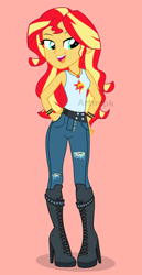 Size: 1800x3500 | Tagged: safe, artist:artmlpk, character:sunset shimmer, species:eqg human, g4, my little pony:equestria girls, adorable face, adorasexy, adorkable, beautiful, belt, boots, clothing, cute, denim, digital art, dork, female, geode of empathy, hand on hip, high heel boots, high heels, jeans, lidded eyes, looking over shoulder, magical geodes, obtrusive watermark, open mouth, pants, ripped jeans, sexy, shimmerbetes, shoes, show accurate, sleeveless, smiley face, smiling, solo, spiked wristband, tank top, watermark, wristband