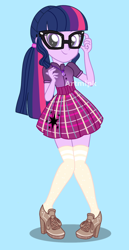 Size: 1800x3500 | Tagged: safe, artist:artmlpk, character:twilight sparkle, character:twilight sparkle (scitwi), species:eqg human, g4, my little pony:equestria girls, adorable face, adorkable, alternate hairstyle, beautiful, boots, clothing, cute, digital art, dork, female, geode of telekinesis, glasses, high heel boots, high heels, kneesocks, looking at you, magical geodes, nerd, plaid skirt, pleated skirt, shoes, skirt, smiling, smiling at you, socks, solo, thigh highs, twiabetes, watermark