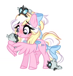 Size: 1895x1980 | Tagged: safe, artist:emberslament, oc, oc only, oc:bay breeze, species:changeling, species:pegasus, species:pony, g4, alternate hairstyle, apron, baby, baby changeling, blushing, bow, changeling larva, clothing, cute, female, hair bow, heart eyes, mare, mother, nymph, ocbetes, simple background, tail bow, white background, wing hands, wingding eyes, wings