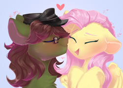 Size: 3500x2500 | Tagged: safe, artist:kebchach, character:fluttershy, oc, oc:kay, species:earth pony, species:pegasus, species:pony, g4, canon x oc, cute, eyes closed, female, floating heart, glasses, happy, heart, kayshy, kiss on the cheek, kissing, male, shipping, shyabetes, straight