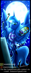 Size: 1155x2658 | Tagged: safe, artist:bonaxor, character:princess luna, species:pony, g4, clothing, easel, female, moon, night, paintbrush, scarf, solo