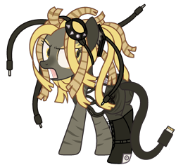Size: 1424x1341 | Tagged: safe, artist:klewgcg, artist:rukemon, base used, oc, oc only, oc:catherine mayer, species:earth pony, species:pony, g4, amputee, augmented tail, boots, butt, clothing, commission, cyber-questria, cybergoth, cyborg, eyeshadow, female, goggles, makeup, mare, markings, multicolored hair, open mouth, outlet, plot, plug, prosthetic leg, prosthetic limb, prosthetics, shoes, simple background, socket, solo, spine, transparent background, wires