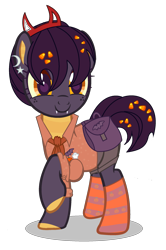 Size: 1625x2449 | Tagged: safe, artist:meimisuki, artist:rukemon, base used, oc, oc only, oc:tricky treat, species:bat, species:dracony, species:dragon, species:pony, g4, bag, candy, candy corn, clothing, commission, ear piercing, earring, fangs, female, food, ghost, hairband, hybrid, jewelry, mare, piercing, pumpkin, raised hoof, saddle bag, shirt, shorts, simple background, solo, transparent background, undead