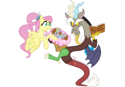 Size: 2388x1668 | Tagged: safe, artist:chelseawest, character:discord, character:fluttershy, oc, oc:gaia, parent:discord, species:draconequus, g4, baby, book, cloud, draconequus oc, female, lying down, lying on a cloud, magical discordian spawn, magical parthenogenic spawn, male, offspring, older, older fluttershy, on a cloud, simple background, transparent background