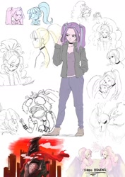 Size: 1280x1811 | Tagged: safe, artist:amazingpuffhair, character:adagio dazzle, character:aria blaze, character:sonata dusk, g4, my little pony:equestria girls, angery, aria blaze is not amused, beaten up, cellphone, choker, clothing, diner, female, grumpy, hoodie, hug, midriff, phone, reeee, sad, screaming, smiling, the dazzlings, unamused, when she smiles