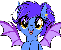 Size: 3300x2720 | Tagged: safe, artist:emberslament, oc, oc only, oc:evening lily, species:bat, species:bat pony, species:pony, g4, bat pony oc, bat wings, cute, ear piercing, fangs, female, looking at you, onomatopoeia, piercing, ponytail, simple background, skree, smiling, solo, transparent background, wings