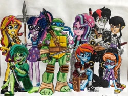 Size: 1024x766 | Tagged: safe, artist:bozzerkazooers, character:bright eyes, character:lancer, character:sandbar, character:sunset shimmer, character:twilight sparkle, character:twilight sparkle (scitwi), oc, oc:blade swipe, species:anthro, species:eqg human, g1, my little pony tales, my little pony:equestria girls, beanie, clothing, female, hat, male, teenage mutant ninja turtles, traditional art, turtle