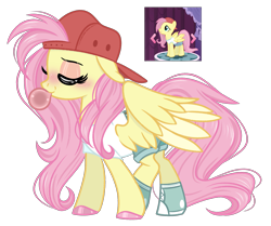 Size: 2799x2341 | Tagged: safe, artist:emberslament, character:fluttershy, species:pegasus, species:pony, g4, 90s grunge fluttershy, alternate hairstyle, backwards ballcap, baseball cap, bubblegum, cap, clothing, converse, eyes closed, eyeshadow, female, food, gameloft interpretation, gum, hat, high res, makeup, mare, screencap reference, shoes, shorts, simple background, sneakers, solo, transparent background, two toned wings, wings