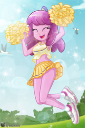 Size: 632x953 | Tagged: safe, artist:charliexe, character:cheerilee, species:bird, species:eqg human, species:seagull, g4, my little pony:equestria girls, adorasexy, belly button, cheeribetes, cheerileeder, cheerleader, clothing, cute, eyes closed, female, legs, open mouth, pom pom, schrödinger's pantsu, sexy, shoes, skirt, socks, solo, thighs