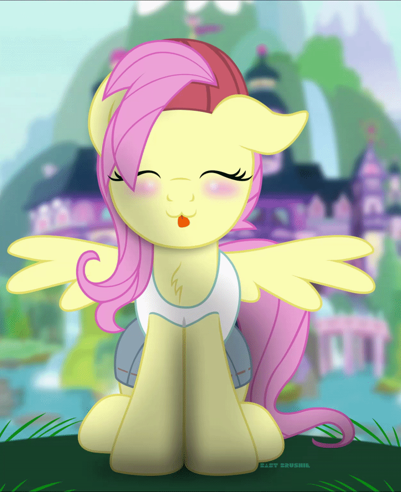 Size: 800x981 | Tagged: safe, artist:bastbrushie, gameloft, character:fluttershy, species:pegasus, species:pony, g4, 90s grunge fluttershy, animated, bastbrushie is trying to kill us, blep, blushing, chest fluff, clothing, cute, dawwww, eyes closed, female, fluffy, full face view, gameloft interpretation, gif, grass, ground, happy, hat, jeans, mare, pants, school, shirt, shyabetes, silly, silly pony, sitting, solo, tail, text, tongue out, weapons-grade cute, wings