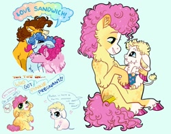 Size: 1024x805 | Tagged: safe, artist:loryska, character:cheese sandwich, character:li'l cheese, character:party favor, character:pinkie pie, oc, oc:linzer torte, species:earth pony, species:pony, species:unicorn, episode:the last problem, g4, my little pony: friendship is magic, baby, baby pony, bisexual, brothers, chest fluff, cloven hooves, colored hooves, colt, dialogue, ear fluff, female, gay, green background, leonine tail, male, mare, ot3, partycheesepie, polyamory, shipping, siblings, simple background, speech bubble, stallion, story included, straight, unshorn fetlocks