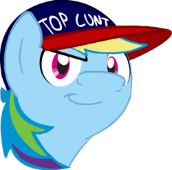 Size: 406x400 | Tagged: safe, artist:mrponiator, character:rainbow dash, baseball cap, bust, clothing, female, hat, portrait, simple background, solo, top cunt, top gun, transparent background, vulgar