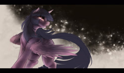 Size: 2200x1300 | Tagged: safe, artist:ventious, character:twilight sparkle, species:alicorn, species:pony, g4, abstract background, dutch angle, female, flowing tail, horn, looking sideways, solo, spread wings, tail, wings, wip