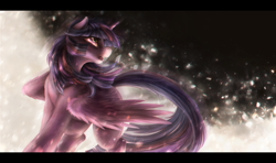 Size: 2200x1300 | Tagged: safe, artist:ventious, character:twilight sparkle, character:twilight sparkle (alicorn), species:alicorn, species:pony, g4, abstract background, dutch angle, female, flowing tail, horn, letterboxing, looking sideways, mare, remake, solo, spread wings, tail, wings