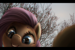 Size: 1800x1200 | Tagged: safe, artist:ventious, character:fluttershy, species:pony, g4, black bars, bust, chromatic aberration, close-up, cute, female, frog (hoof), irl, mare, offscreen character, open mouth, photo, ponies in real life, portrait, pov, selfie, shyabetes, smiling, solo, tree, underhoof