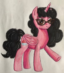 Size: 1024x1160 | Tagged: safe, artist:bozzerkazooers, oc, oc only, oc:aaliyah, species:alicorn, species:pony, g4, aaliyah, alicorn oc, alicornified, crossover, cutie mark, glasses, horn, pegasus wings, ponified, race swap, raised hoof, solo, traditional art, wings