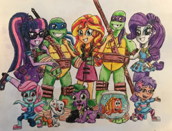 Size: 2803x2140 | Tagged: safe, artist:bozzerkazooers, character:rarity, character:spike, character:spike (dog), character:sunset shimmer, character:twilight sparkle, character:twilight sparkle (scitwi), species:dog, species:eqg human, g4, my little pony:equestria girls, barely eqg related, bubble guppies, bubble puppy, clothing, crossover, donatello, equestria girls-ified, fish, fish bowl, geode of empathy, geode of shielding, geode of telekinesis, glasses, leonardo, magical geodes, molly (bubble guppies), mr. grouper, nick jr., nickelodeon, oona, oona (bubble guppies), shoes, teenage mutant ninja turtles, turtle, weapon