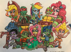 Size: 2852x2103 | Tagged: safe, artist:bozzerkazooers, character:applejack, character:fluttershy, character:pinkie pie, character:rainbow dash, g4, my little pony:equestria girls, barely eqg related, bracelet, bubble guppies, clothing, cowboy hat, crossover, deema, deema (bubble guppies), ear piercing, earring, equestria girls-ified, geode of fauna, geode of sugar bombs, geode of super speed, geode of super strength, gil (bubble guppies), glasses, goby, goby (bubble guppies), hat, jewelry, magical geodes, michelangelo, nick jr., nickelodeon, nonny (bubble guppies), piercing, raphael, scuba mask, shoes, sneakers, teenage mutant ninja turtles, traditional art, weapon