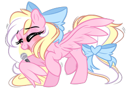 Size: 2869x2048 | Tagged: safe, artist:emberslament, oc, oc only, oc:bay breeze, species:pegasus, species:pony, g4, blushing, bow, cute, dancing, eyes closed, female, hair bow, mare, microphone, ocbetes, simple background, singing, tail bow, thick eyelashes, transparent background, wing hands, wings