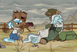 Size: 2500x1700 | Tagged: safe, artist:crimmharmony, oc, oc only, species:pony, species:unicorn, fallout equestria, g4, bag, cigarette, clothing, commission, crying, emotional, female, fence, foal, heart, hoof heart, hug, male, mare, mountain, outhouse, overalls, pipbuck, scenery, stallion, tumbleweed, wasteland
