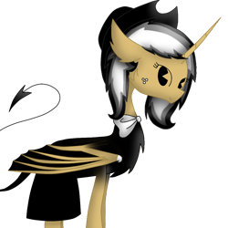 Size: 1000x1000 | Tagged: safe, artist:rainbow dash is best pony, oc, oc:asiandra, species:alicorn, species:pony, g4, alicorn oc, bendy and the ink machine, bow tie, clothing, dress, freckles, hat, horn, looking at you, simple background, solo, transparent background, wings