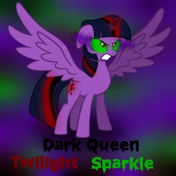 Size: 2449x2449 | Tagged: safe, artist:shad0w-galaxy, character:twilight sparkle, character:twilight sparkle (alicorn), species:alicorn, species:pony, g4, black text, color change, colored horn, colored text, corrupted, corrupted twilight sparkle, curved horn, dark, dark equestria, dark magic, dark queen, dark twilight, dark twilight sparkle, dark world, darkened coat, darkened hair, darklight, darklight sparkle, evil twilight, female, glowing horn, green text, horn, magic, paint tool sai, possessed, queen of shadows, queen twilight, queen twilight sparkle, red text, solo, sombra empire, sombra eyes, sombra horn, twilight is anakin, tyrant sparkle