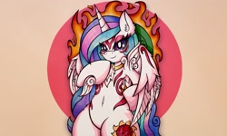 Size: 2048x1229 | Tagged: safe, artist:canvymamamoo, character:princess celestia, species:alicorn, species:pony, g4, alternate cutie mark, amaterasu, belly button, bipedal, circle background, crossover, ear fluff, female, fire, looking at you, mare, okami, peytral, smiling, solo