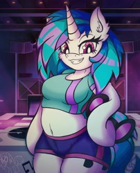 Size: 3304x4096 | Tagged: safe, artist:canvymamamoo, character:dj pon-3, character:vinyl scratch, species:anthro, species:pony, species:unicorn, g4, arm hooves, belly button, breasts, busty vinyl scratch, clothing, ear fluff, female, holding, looking down, mare, shirt, shorts, smiling, solo, sunglasses, turntable