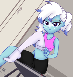 Size: 1864x1976 | Tagged: safe, artist:charliexe, artist:laaaaara, base used, oc, oc:freezing blizzard, species:eqg human, g4, my little pony:equestria girls, annoyed, blue eyes, changing clothes, clothing, compression shorts, equestria girls-ified, freckles, getting dressed, highlights, locker room, looking at you, multicolored hair, sexy, shorts, socks, solo, sports bra, stocking feet, thigh highs, tomboy