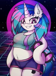 Size: 3041x4096 | Tagged: safe, alternate version, artist:canvymamamoo, character:dj pon-3, character:vinyl scratch, species:anthro, species:pony, species:unicorn, g4, aesthetics, arm hooves, belly button, breasts, busty vinyl scratch, clothing, ear fluff, female, holding, looking down, mare, shirt, shorts, smiling, solo, sunglasses, synthwave
