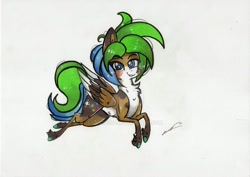 Size: 1280x904 | Tagged: safe, artist:luxiwind, oc, oc:luxi wind, ponysona, species:pegasus, species:pony, g4, blushing, cute, looking at you, lying down, male, prone, simple background, smiling, solo, stallion, traditional art