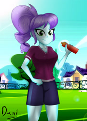 Size: 2385x3307 | Tagged: safe, artist:danielitamlp, character:crystal lullaby, species:eqg human, g4, my little pony:equestria girls, breasts, clothing, female, fence, high res, house, looking at you, shirt, shorts, signature, soccer field, solo, tree, water bottle