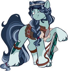 Size: 1090x1149 | Tagged: safe, artist:crimmharmony, oc, oc only, oc:eilean donon, species:earth pony, species:pony, g4, clothing, dagger, eye clipping through hair, female, freckles, mare, shield, simple background, solo, transparent background, weapon