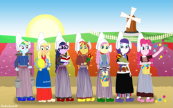 Size: 1131x707 | Tagged: safe, artist:robukun, character:applejack, character:fluttershy, character:pinkie pie, character:rainbow dash, character:rarity, character:sunset shimmer, character:twilight sparkle, character:twilight sparkle (scitwi), species:eqg human, g4, my little pony:equestria girls, dutch, humane five, humane seven, humane six