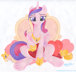 Size: 1045x1000 | Tagged: safe, artist:foxxy-arts, character:princess cadance, bedroom eyes, female, hooves, pillow, solo, traditional art