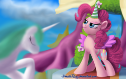 Size: 2000x1250 | Tagged: safe, artist:deathpwny, character:pinkie pie, character:princess celestia, species:alicorn, species:pony, alicorn party, bowing, clothing, eyes closed, fake horn, fake wings, glare, hat, party hat, partycorn, smiling