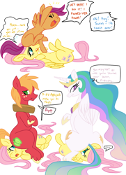 Size: 942x1300 | Tagged: source needed, safe, artist:elslowmo, artist:purplekecleon, character:big mcintosh, character:fluttershy, character:princess celestia, character:scootaloo, species:earth pony, species:pegasus, species:pony, butt, dialogue, facesitting, female, flutterseat, implied rainbow dash, lesbian, male, plot, stallion, straight