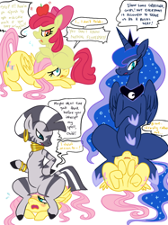 Size: 672x900 | Tagged: source needed, safe, artist:elslowmo, artist:purplekecleon, character:apple bloom, character:fluttershy, character:princess luna, character:zecora, species:zebra, blushing, dialogue, facesitting, female, flutterseat, forced, lesbian, pony hat