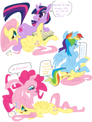 Size: 2451x3234 | Tagged: source needed, safe, artist:elslowmo, artist:purplekecleon, character:fluttershy, character:pinkie pie, character:rainbow dash, character:twilight sparkle, species:earth pony, species:pegasus, species:pony, species:unicorn, blushing, book, butt, dialogue, facesitting, female, flutterseat, lesbian, mare, plot, twidom
