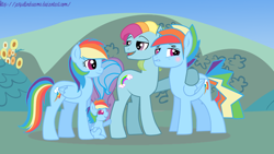 Size: 1280x720 | Tagged: dead source, safe, artist:jaquelindreamz, character:rainbow dash, character:rainbow dash (g3), oc, oc:aurora spectralis, parent:rainbow dash, parents:selfcest, g3, blushing, dashblitz, female, filly, foal, male, offspring, parents:dashblitz, ponidox, product of incest, rainbow blitz, rule 63, self ponidox, selfcest, shipping, straight