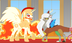 Size: 2198x1338 | Tagged: safe, artist:jaquelindreamz, character:discord, character:nightmare star, character:princess celestia, oc:eris, prince solaris, rule 63, solar storm