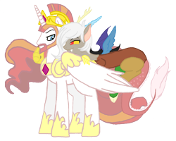 Size: 1480x1186 | Tagged: dead source, safe, artist:jaquelindreamz, character:discord, character:princess celestia, oc:eris, species:alicorn, species:draconequus, species:pony, ship:dislestia, duo, female, male, prince solaris, rule 63, shipping, simple background, soleris, straight, transparent background