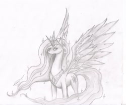 Size: 2903x2442 | Tagged: safe, artist:thedrunkcoyote, character:princess celestia, female, grayscale, sketch, solo, traditional art
