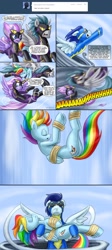 Size: 1080x2408 | Tagged: safe, artist:pluckyninja, character:rainbow dash, character:soarin', oc, oc:charger, oc:starry skies, ship:soarindash, bound wings, clothing, comic, costume, dialogue, female, male, plot, shadowbolts, shadowbolts costume, shipping, straight, tornado, tumblr, tumblr:sexy spitfire, wonderbolts