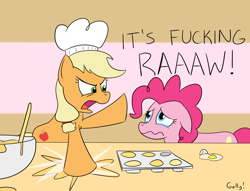 Size: 1700x1300 | Tagged: safe, artist:rapidstrike, character:applejack, character:pinkie pie, species:earth pony, species:pony, angry, batter, bipedal, bowl, cooking, crying, duo, egg, eye contact, female, floppy ears, food, frown, glare, gordon ramsay, hell's kitchen, looking at each other, mare, open mouth, raised hoof, sad, simple background, stomping, text, vulgar, wavy mouth, yelling