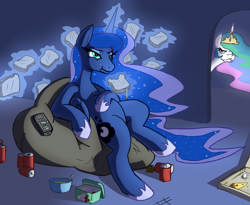 Size: 882x724 | Tagged: safe, artist:elslowmo, artist:reiduran, character:princess celestia, character:princess luna, species:alicorn, species:pony, beanbag chair, celestia is not amused, couch potato, door, eating, food, glorious grilled cheese, grilled cheese, lazy luna, magic, meat, pepperoni, pepperoni pizza, pizza, remote, soda can, television, unamused