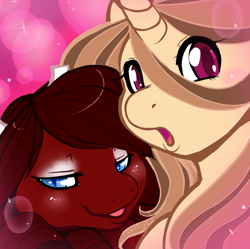 Size: 906x902 | Tagged: safe, artist:revadiehard, oc, oc only, oc:red velvet, species:pegasus, species:pony, species:unicorn, blushing, bust, colored pupils, duo, female, lidded eyes, looking at you, mare, open mouth, palindrome get, portrait