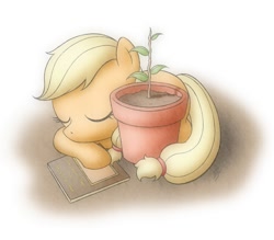 Size: 1000x875 | Tagged: safe, artist:jdan-s, character:applejack, character:bloomberg, book, cute, female, filly, flower pot, foal, jackabetes, sleeping, solo, tree, younger